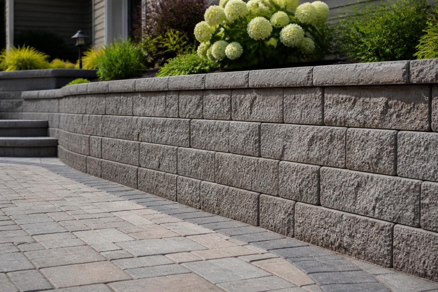 Finished block retaining wall with uniform masonry pattern