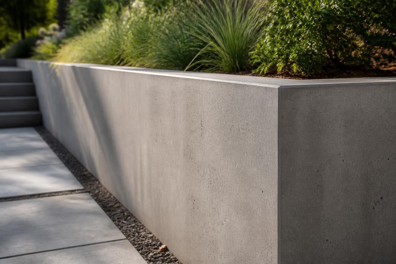 Finished concrete retaining wall with smooth clean surfaces