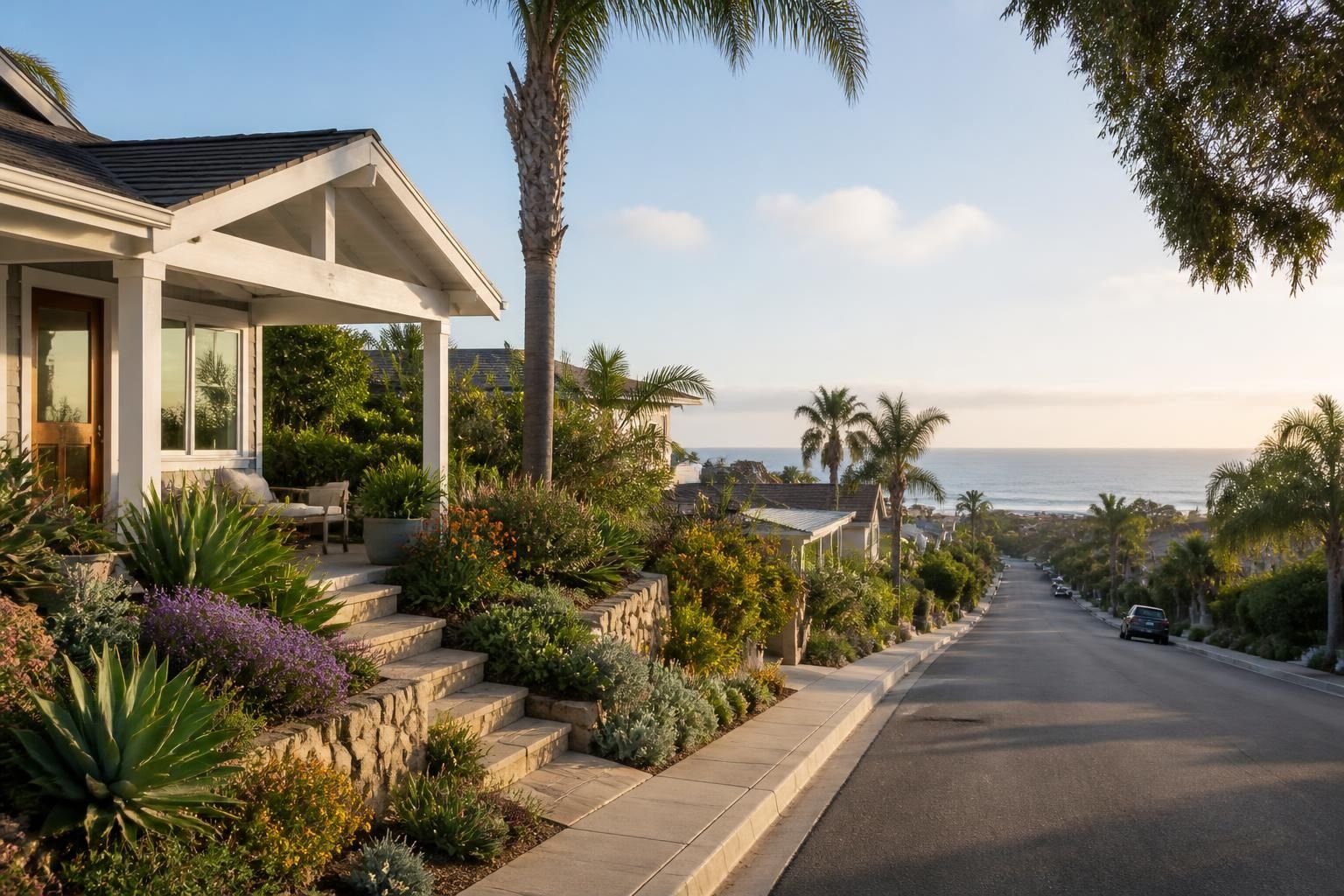 Landscaped coastal neighborhood with quiet streets in Encinitas