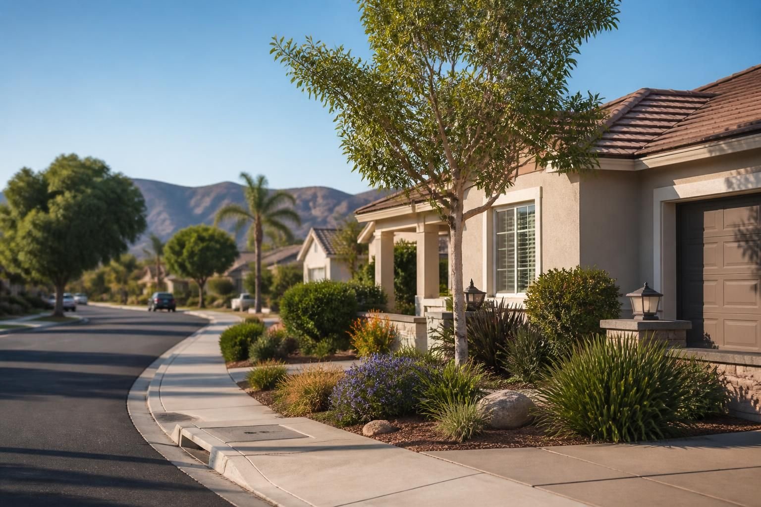 Warm suburban neighborhood with landscaped yards in Escondido