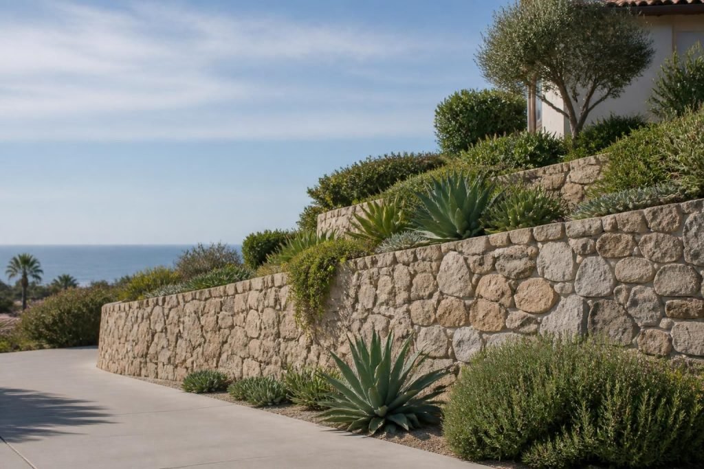Finished hillside retaining wall beside a landscaped Southern California home