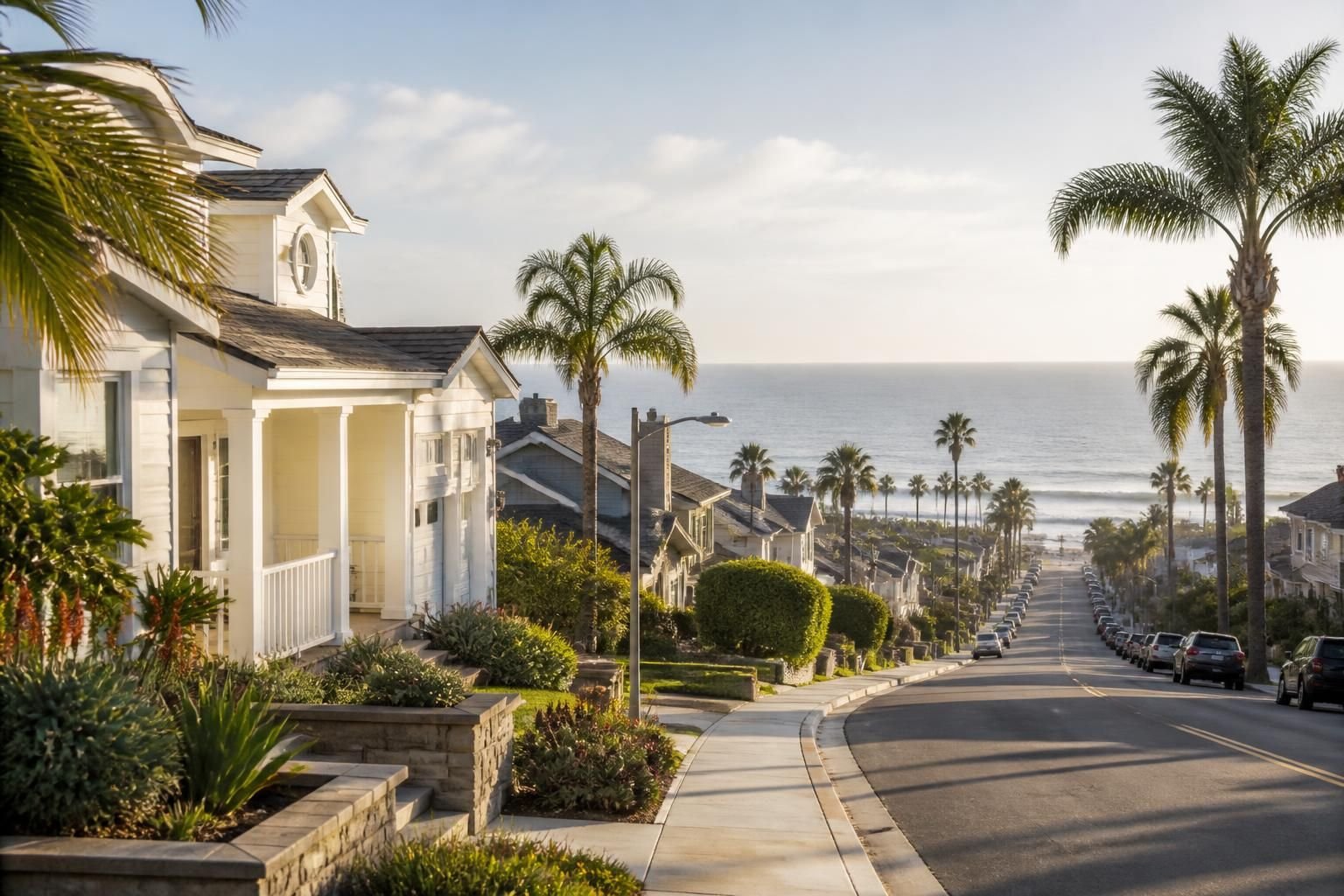 Palm-lined residential street in Oceanside under warm daylight