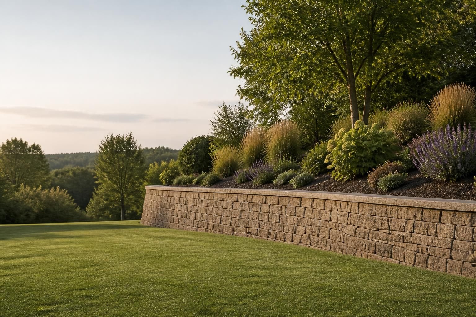 Finished retaining wall with open space beside a landscaped slope