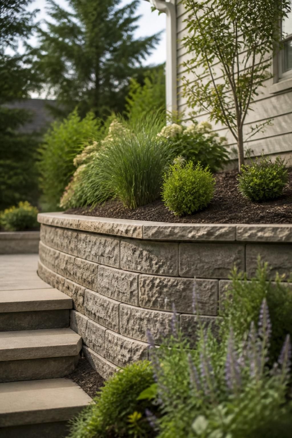 Newly installed retaining wall with clean landscaped planting beds