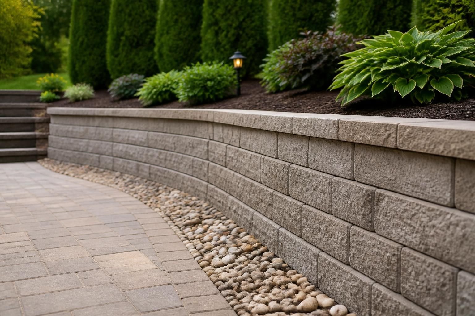 Repaired retaining wall with restored alignment in a tidy landscape